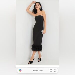 Lulu's Fancy behavior black bustier strapless Feather Midi Dress